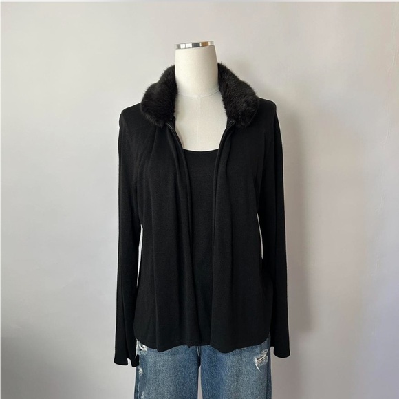 Norton McNaughton Sweaters - Vintage Y2K Grunge Norton McNaughton Black 100% Silk with Faux Fur Trim Cardigan